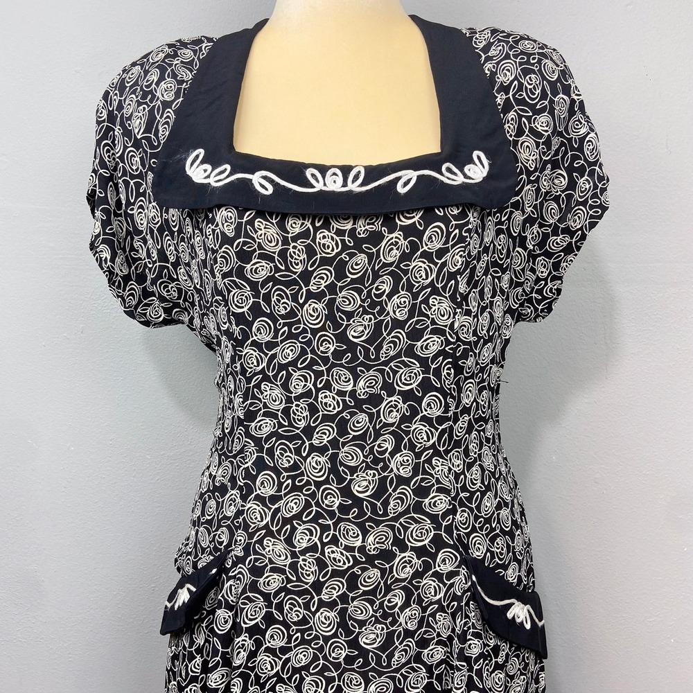 Vintage 80s 90s Laundry Shelli Segal Dress Sz 14 Black Floral Retro Swing Pinup - Picture 3 of 15